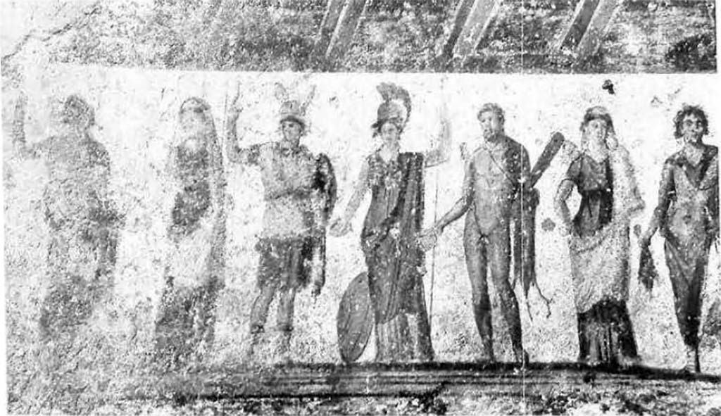 Public street shrine (compitum) to 12 gods outside IX.11.1 Pompeii. Gods at the left-hand end.
See Frhlich, T., 1991, Lararien und Fassadenbilder in den Vesuvstdten. Mainz: von Zabern. (F66: Tav. 60,1).
