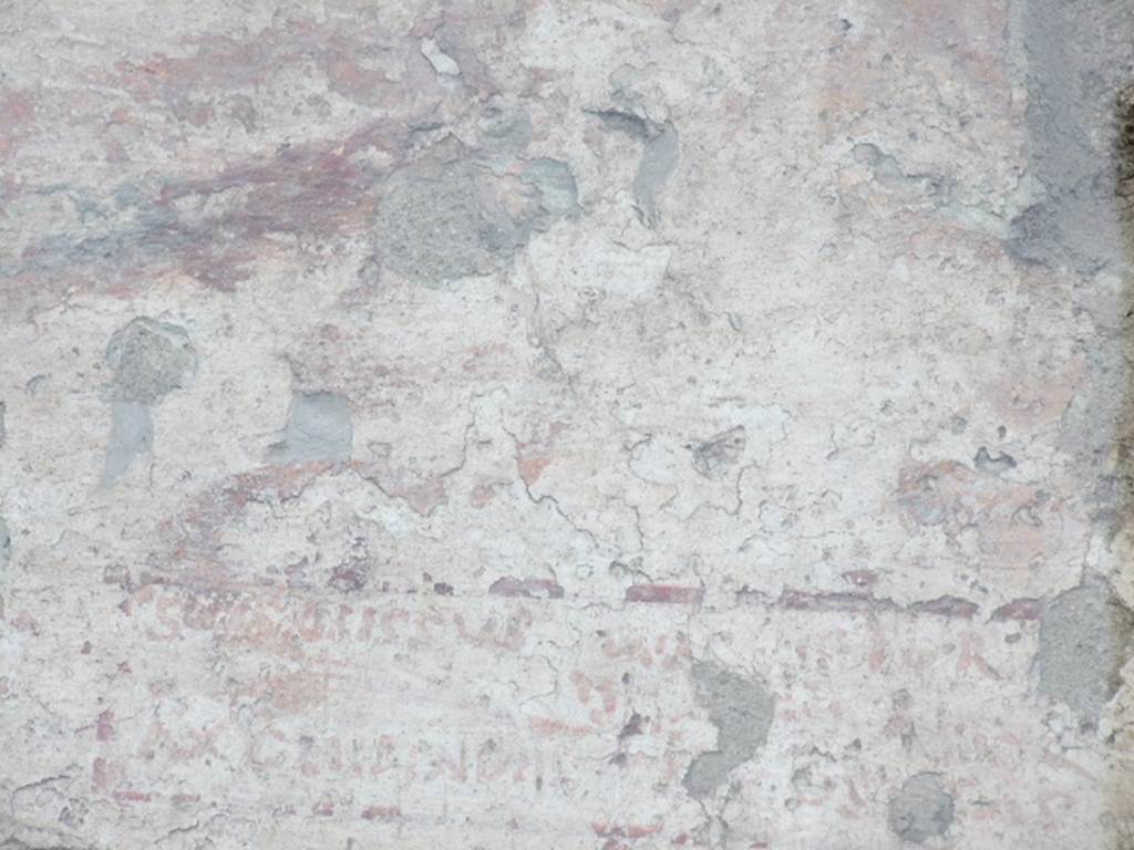 Detail of painted inscription outside IX.11.1.  December 2006.
This according to Frohlich, which he reads (left to right and top to bottom), is 
SVCVVSSVS (or Successus?), VICTOR, AXCLIIPIADIIS (i.e. Asclepiades),  and COSSTAS, with what appears to be VICI/MAGISTRI in the centre, but the condition is poor and the text is hard to read.
See Frhlich, T., 1991. Lararien und Fassadenbilder in den Vesuvstdten. Mainz: von Zabern. (p.337). According to Epigraphik-Datenbank Clauss/Slaby (See www.manfredclauss.de) this read

Successus Victor 
A<s=X>clepiades Co<n=S>sta(n)s       [CIL IV 7855]