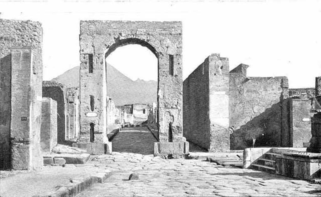 Arch of Caligula. About 1900. South side, looking north to Tower XI, the Tower of Mercurio. Photo courtesy of Rick Bauer.