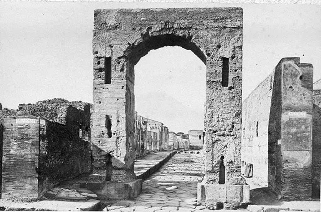 Arch of Caligula. About 1870. Looking north from arch at the start of the Via Mercurio. 
Photo courtesy of Rick Bauer.
