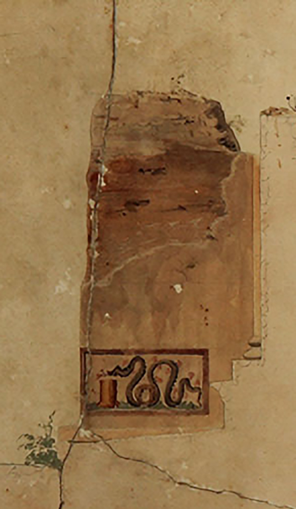 Arched entrance in north-west corner of Pompeii Forum. Painting c.1843 by Pasquale Maria Veneri
Detail from painting by Pasquale Maria Veneri of inner east pier of arch showing only known representation of the lararium painting.
The architrave of the west wide of the Temple of Jupiter is shown in outline at the bottom right. 
Now in Naples Archaeological Museum. Inventory number ADS1210.
