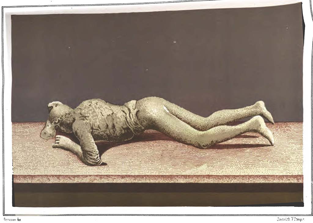 Victim number 10. 1882 painting by Discanno of cast of a woman found in Via Stabiana [now Via del Vesuvio] near the north-east corner of VI.14.
See Presuhn E., 1882. Pompeji: Die Neuesten Ausgrabungen von 1874 bis 1881. Leipzig: Weigel. (Abth. IV, Taf. IX)
