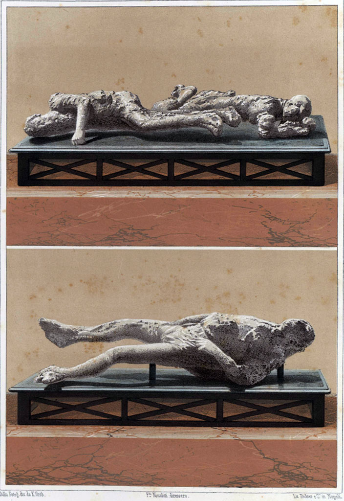 Victims 2 and 3 in upper picture and victim number 1 in lower picture.
See Niccolini F, 1862. Le case ed i monumenti di Pompei: Volume Secondo. Napoli, Tav. XVIII.

