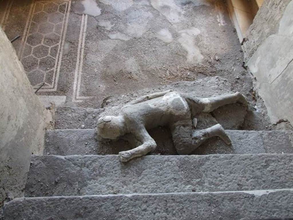 VII.16.17-22 Pompeii. December 2007. Plaster cast of body lying at foot of staircase.
Four people met their death in this house, three of them died huddled together on this staircase. They were discovered in November 1961. It was possible to make casts of the group of three. A copy of the plaster cast of the lowest of the three bodies remains where it was discovered.  The fourth skeleton was lying on the landing at the bottom of the stairs but only a photo remains of this skeleton.


