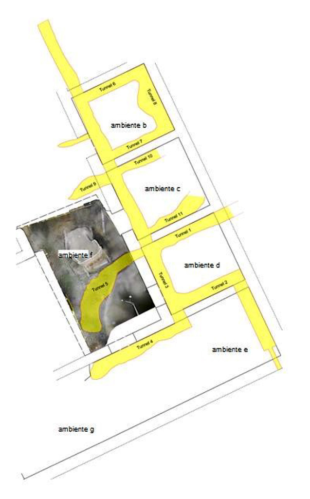 Cività Giuliana. February 2021. Plan of rooms and tunnels. Among other things, it has been established that the chariot which has now been unearthed had miraculously escaped the looting of grave robbers, despite being literally touched by the tunnels dug by the perpetrators at a depth of over 5 metres.

Room 'd' is characterised on the western side by the presence of a door and a small, splayed window, of which the wooden jack arch is still preserved; on the eastern side there is but one quadrangular window, an opening through which pyroclastic flow deposits (the surge, i.e. consolidated ash) poured from the final phases of the Plinian eruption.

The southern wall houses a quadrangular niche - a small lararium, bordered by a plaster frame, within which a quadrangular marble base was discovered. Underneath was a censer cup, two pots and a lamp, resting on a wooden shelf of which it was possible to make a plaster cast.

The uniqueness of the burial of the room, being almost entirely occupied by the pyroclastic flow {surge}, has allowed us to create plaster casts of two items of furniture, one is certainly a bed and the other likely a similar specimen, and to recover traces of a mat or piece of fabric positioned over the rope bed base.

On the floor formed of a simple layer of compacted earth, various finds were made, including: three amphorae (one damaged by the illegal excavators) for containing wine and oil; a pot; a long iron saw, and animal bone fragments.

Room 'e' turned out to be a stable. In this room, too, the presence of pyroclastic flow has allowed us to produce plaster casts. These were of a long wooden trough, positioned along the southern wall, and two equids, found in front of the trough, collapsed on the ground during the eruption. A third horse was found but it was not possible to make a plaster cast.

One of the animals, untouched by the actions of the illegal excavators, was recovered intact, with the complete and connected skeletal structure, harnessed with bit and iron bridle, Between the ears, on the occipital bone, bronze decorative elements which were probably applied to leather elements (since disappeared) were found.

In the second phase of excavation the bodies of two human victims were also found and casts made. The bodies were found in a side room of the cryptoporticus, in the form of a passageway below the villa which led to the upper floor.

In the third phase in room "f" a four wheel processional chariot was found and casts made that preserved some of the parts.

Cività Giuliana. Febbraio 2021. Pianta di stanze e gallerie. E’ stato accertato, tra l’altro, che proprio il carro portato ora alla luce è miracolosamente scampato all’azione di saccheggio dei tombaroli, essendo stato letteralmente sfiorato da due cunicoli scavati da questi ultimi ad oltre 5 metri di profondità.

L'ambiente 'd' è caratterizzato sul lato ovest dalla presenza di una porta e di una piccola finestra strombata di cui si conserva ancora la piattabanda in legno; sul lato est è una sola finestra quadrangolare, apertura attraverso la quale sono entrati i depositi di flusso piroclastico (surge, cioè cenere consolidata) riferibile alle fasi conclusive dell'eruzione pliniana.

Il muro meridionale ospita un'edicola quadrangolare, un piccolo lararium, delimitato da una cornice d'intonaco, all'interno del quale si è rinvenuta una basetta quadrangolare in marmo e sotto cui erano posti una coppa-incensiere, due pentole ed una lucerna, poggiati su una mensola lignea di cui è stato possibile eseguire il calco in gesso.

La particolarità delle modalità di seppellimento dell'ambiente, occupato per quasi la totalità dal flusso piroclastico (surge), ha permesso di realizzare i calchi in gesso anche di due arredi, uno sicuramente un letto e l'altro forse un altro esemplare simile, e di recuperare le tracce di una stuoia o tessuto posta la di sopra della rete in corda del letto.

Sul pavimento costituito da un semplice piano in terra compattata si sono recuperati: tre anfore (una danneggiata dagli scavatori clandestini) destinate a contenere vino ed olio; una pentola; una lunga sega in ferro; frammenti ossei di animali.

L'ambiente 'é' è risultato essere una stalla. Anche in questo ambiente la presenza del flusso piroclastico ha permesso di effettuare dei calchi in gesso. Si tratta di una lunga mangiatoia in legno, posta lungo la parete meridionale e di due equidi, rinvenuti davanti la mangiatoia, stramazzati al suolo durante l'eruzione. È stato trovato un terzo cavallo ma non è stato possibile realizzare un calco in gesso.

Uno degli animali, non toccato dalle attività degli scavatori clandestini, è stato ritrovato integro, con l'apparato scheletrico completo in connessione, bardato con morso e briglie in ferro e sull'osso occipitale, tra le orecchie, elementi decorativi in bronzo applicati probabilmente su elementi di cuoio non rinvenuti.

Nella seconda fase di scavo sono stati trovati anche i corpi di due vittime umane e sono stati realizzati calchi. I corpi sono stati individuati in un vano laterale del criptoportico, corridoio di passaggio sottostante della villa, che consentiva l'accesso al piano superiore.

Nella terza fase nella stanza "f" è stato trovato un carro processionale a quattro ruote e sono stati realizzati calchi che conservavano alcune parti.

Photograph © Parco Archeologico di Pompei.
