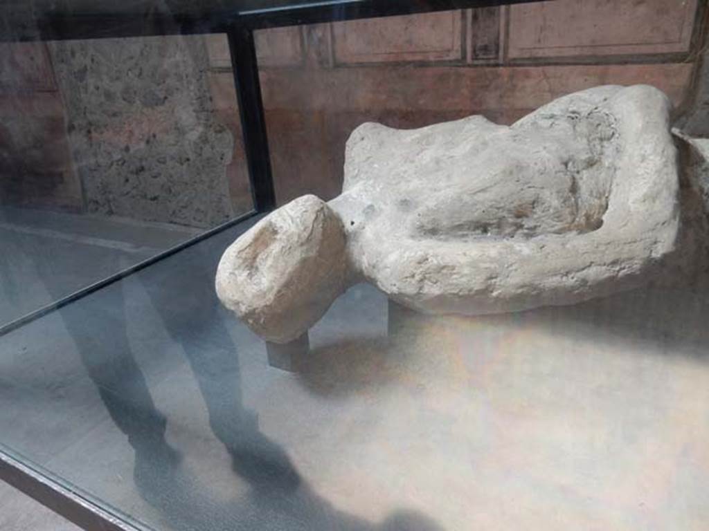 Villa of Mysteries, Pompeii. May 2015. Victim 26. Detail of body-cast. Photo courtesy of Buzz Ferebee.
It was recognized as the body of an adolescent gripped in the spasm of suffocation, their chest stretched out and lifted by the last gasp of breathing. 

