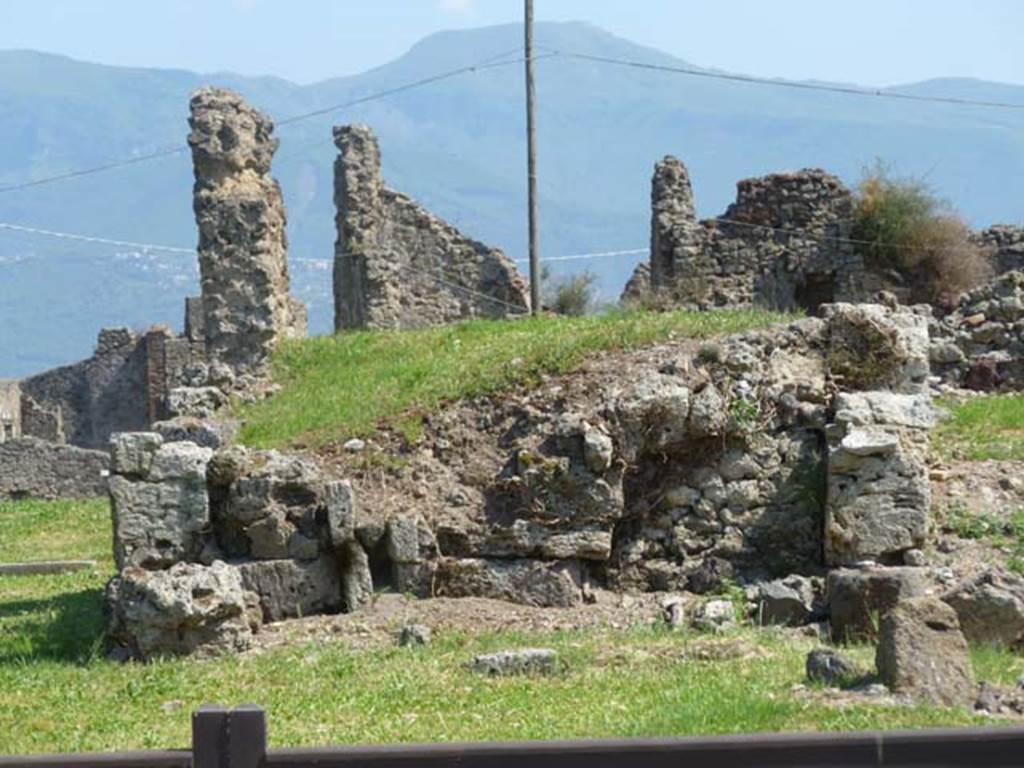 VII.6.7 Pompeii. May 2011. Looking south towards site of remains of rooms on the west side of the tablinum and atrium.
This area could be approximately the site of the right ala.
According to Boyce, in the right ala of the atrium stood a large masonry podium, which Fiorelli thought may have been the base of a Lararium.
See Boyce G. K., 1937. Corpus of the Lararia of Pompeii. Rome: MAAR 14.  (p.67. no.288).

