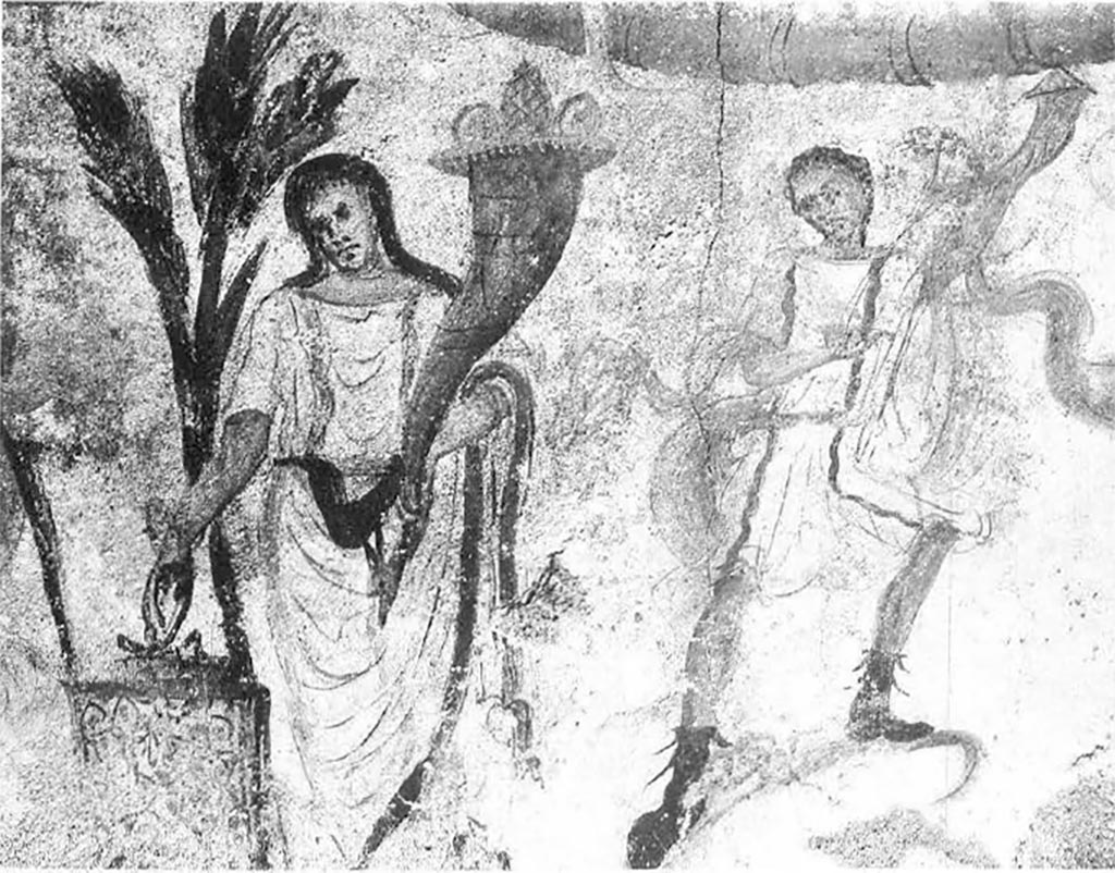 I.7.18 Pompeii. Lararium painting, sacrificing Genius wearing a toga and holding a large cornucopia, and Lar holding a rhyton, painted above the hearth, north wall in kitchen.  
See Giacobello, F., 2008. Larari Pompeiani: Iconografia e culto dei Lari in ambito domestico. Milano: LED Edizioni, (p.138, no.11)
According to Fröhlich, to the right of the head and arm of the right-hand Laren, the corresponding body parts of an older Laren show through under the current white plaster. 
See Fröhlich, T., 1991. Lararien und Fassadenbilder in den Vesuvstädten. Mainz: von Zabern, (p. 252, L7, taf. 25.1).

