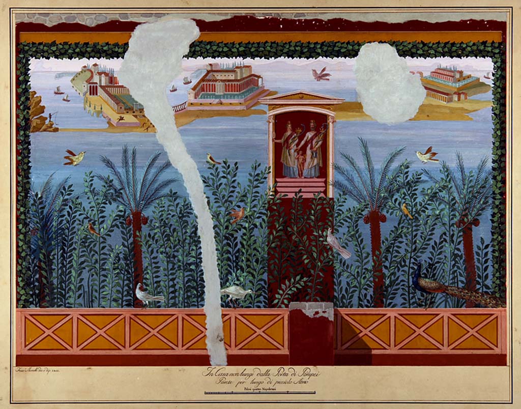 VI.2.14 Pompeii. 1812 garden painting on east wall at the rear of garden.  
Painting by Francesco Morelli, 1812, long wall of the small atrium.
Now in Naples Archaeological Museum. Inventory number ADS 130.
Photo © ICCD. http://www.catalogo.beniculturali.it
Utilizzabili alle condizioni della licenza Attribuzione - Non commerciale - Condividi allo stesso modo 2.5 Italia (CC BY-NC-SA 2.5 IT)
