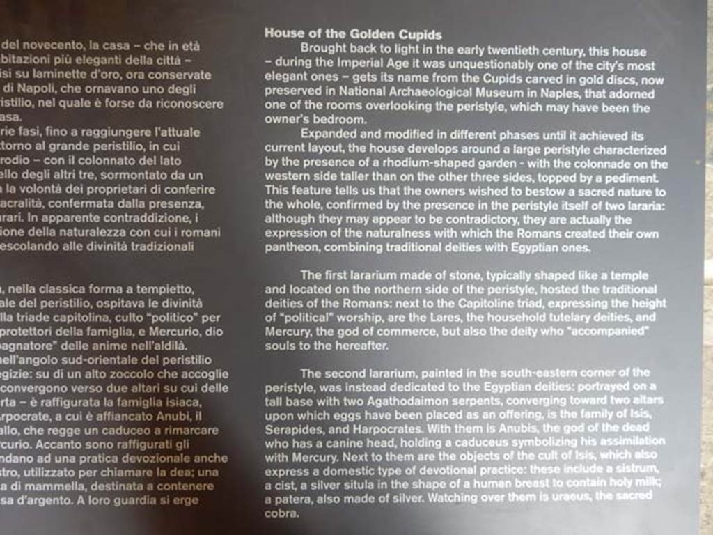 VI.16.7 Pompeii. May 2016. Information card. Photo courtesy of Buzz Ferebee.
“The second lararium, painted in the south-eastern corner of the peristyle, was instead dedicated to the Egyptian deities: portrayed on a tall base with two serpents, converging towards two altars upon which eggs have been placed as an offering, is the family of Isis, Serapides and Harpocrates. With them is Anubis, the god of the dead who has a canine head, holding a caduceus symbolizing his assimilation with Mercury.  Next to them are the objects of the cult of Isis, which also express a domestic type of devotional practice: these include a sistrum, a cist, a silver situla in the shape of a human breast to contain holy milk, and a patera also made of silver. 
Watching over them is Uraeus, the sacred cobra.”

