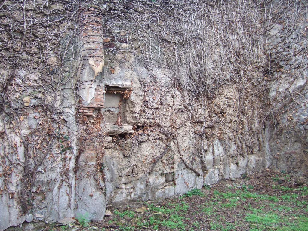 VII.2.51 Pompeii. December 2005. West wall of viridarium with half column and niche.