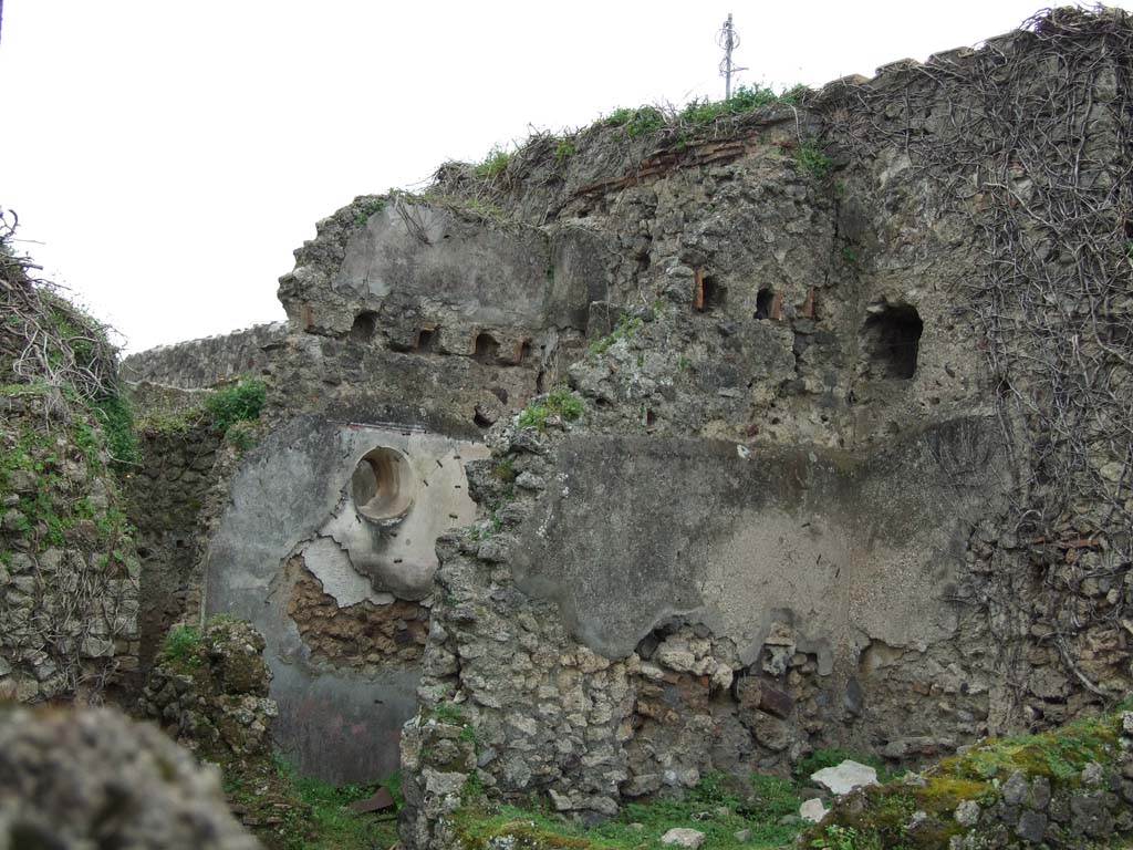 VII.3.13 Pompeii. March 2009. South-west corner of garden area. Passage to kitchen, and two cubicula.
In the kitchen, there was a lararium painting, not conserved, height 0.59m, width 2.07m.
The genius poured a libation on an altar and on each side stood a Lar with rhyton and situla.
In the lower zone were the two serpents confronted at an altar.
See Boyce G. K., 1937. Corpus of the Lararia of Pompeii. Rome: MAAR 14, (p. 64, no. 267).
See Giacobello, F., 2008. Larari Pompeiani: Iconografia e culto dei Lari in ambito domestico. Milano: LED Edizioni. (p.192, no.76).

