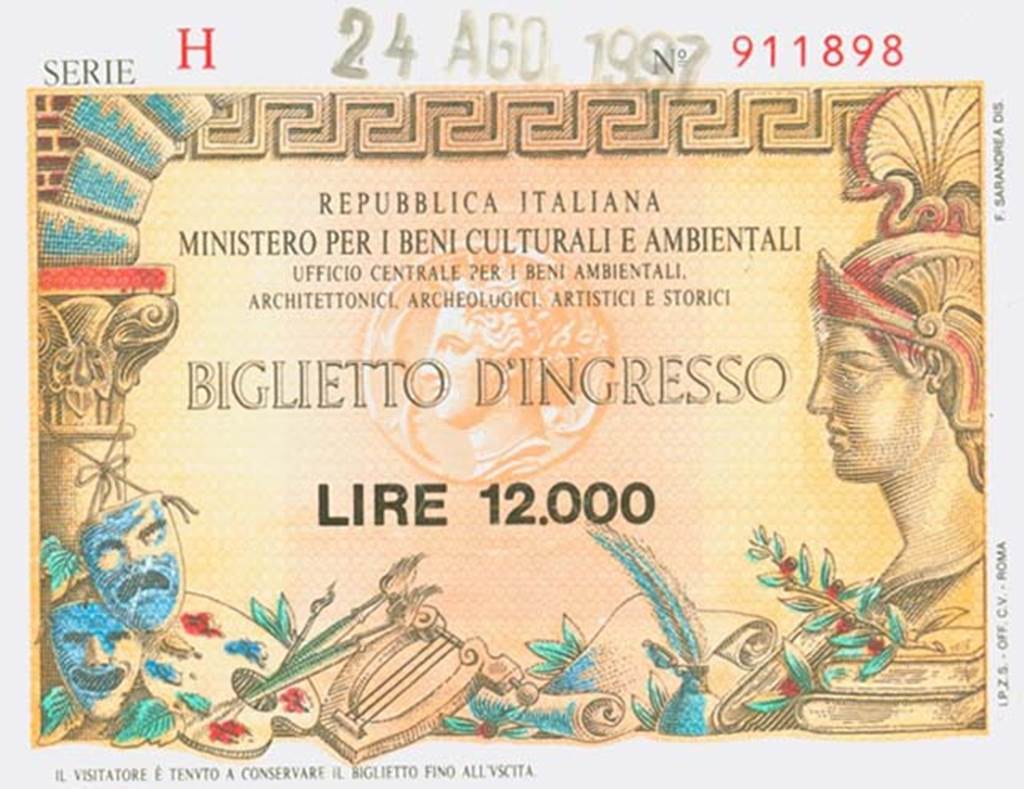 T.19. Pompeii Entrance ticket dated 24th August 1997. Entry fee was 12.000 Lire. Photo courtesy of Rick Bauer.