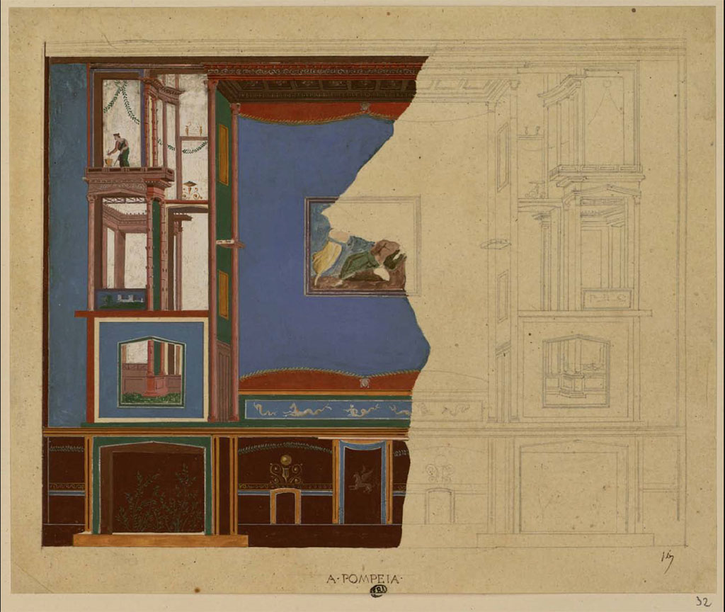 PA.21. Wall painted by Duban between 1823 and 1828.
The central painting is only partially complete, and the location is simply stated as “A Pompeia”.
See Duban F. Album de dessins d'architecture effectués par Félix Duban pendant son pensionnat à la Villa Medicis, entre 1823 et 1828: Tome 2, Pompéi. (no.32)
INHA Identifiant numérique NUM PC 40425 (2)
https://bibliotheque-numerique.inha.fr/idurl/1/7157  « Licence Ouverte / Open Licence » Etalab

