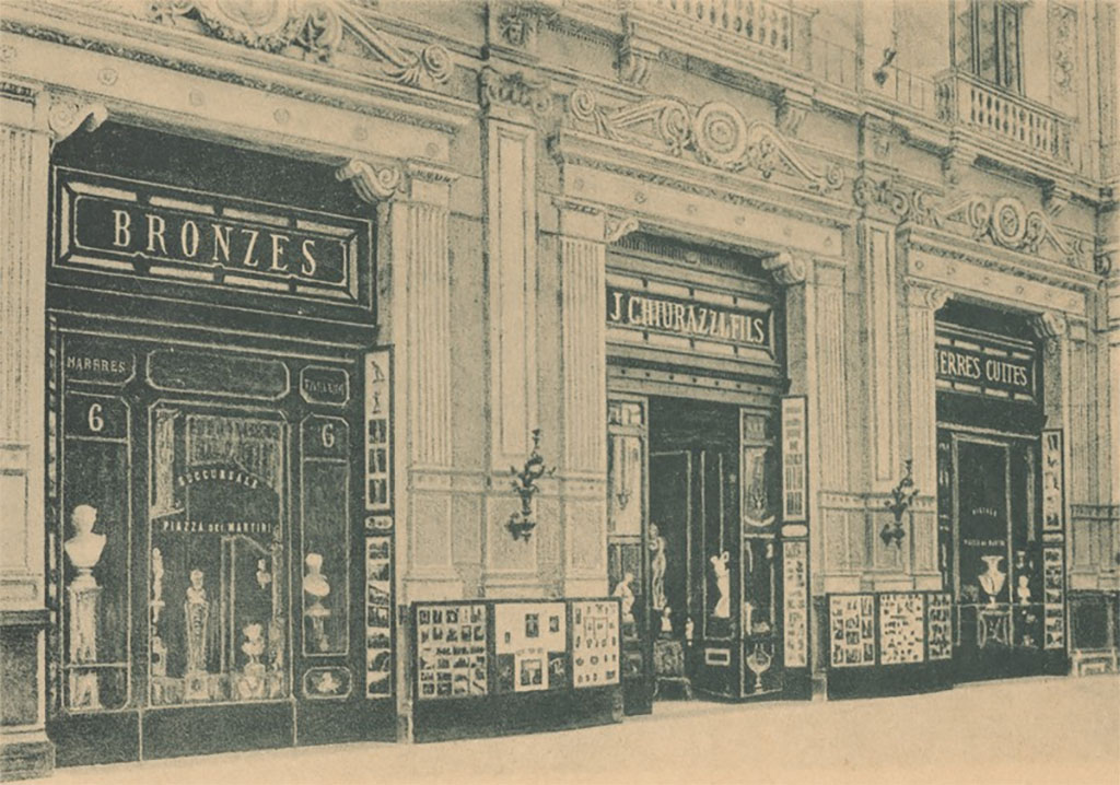 J. Chiurazzi & Fils shop and showroom. C.1900. Galleria Principe di Napoli in Naples.
This was a prime location [opposite the Naples Museum] for enticing the museum’s visitors, who, having just seen the museum’s spectacular collections, might want to take home a copy of their own. 
J. Chiurazzi & Fils created reproductions of ancient works in media like bronze, terracotta, and marble based on moulds made from the original works housed in Naples’ archaeological museum.
They were well-known for the excellent quality of their work.
See University of Pennsylvania Museum of Archaeology and Anthropology’s Wanamaker Bronze Collection
