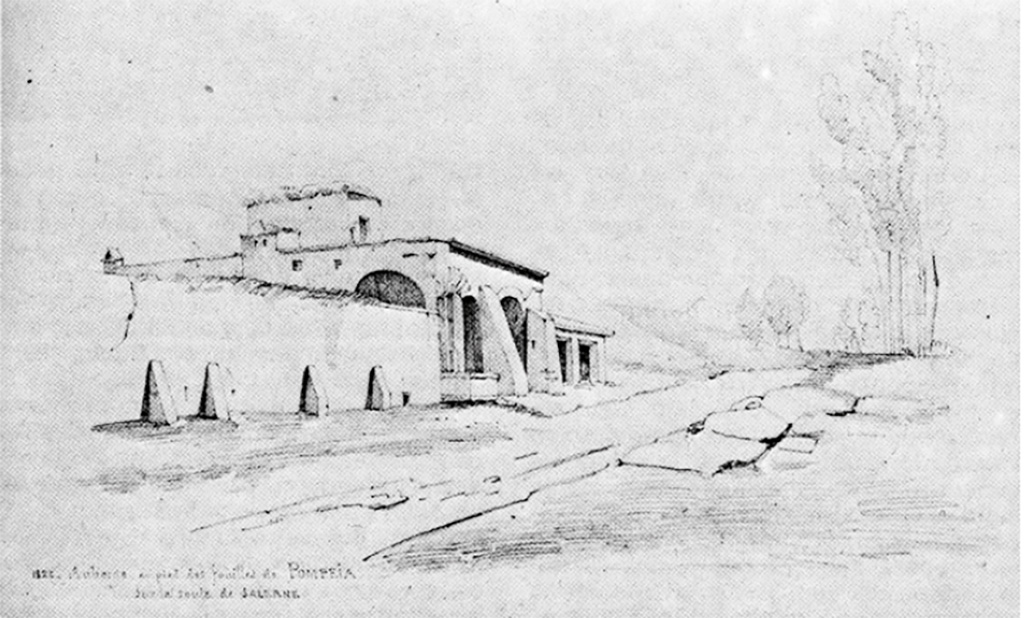 Taverna del Rapillo (or Lapillo). 1822 drawing by F. Callet " Inn at the foot of the excavations of Pompeia on the road to Salerno".
Now in the École nationale supérieure des Beaux‑Arts de Paris. Inventory number 3275.
