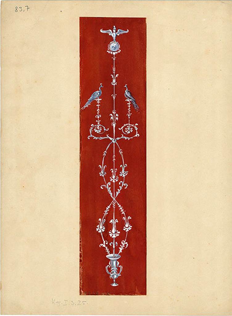 I.3.25 Pompeii. 1880 watercolour of two peacocks on stylized vegetal branches rising from a vase from cubiculum on the south side of the peristyle
DAIR 83.7. Photo  Deutsches Archologisches Institut, Abteilung Rom, Arkiv. 