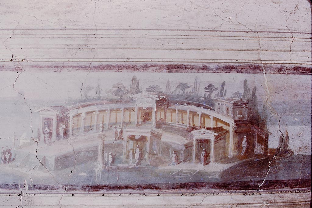 I.4.25 Pompeii1975. Middle peristyle 17.
Part of river landscape from above doorway in eastern end leading to antechamber of room 20.
Now in Naples Archaeological Museum. Inventory number 9610.
Photo by Stanley A. Jashemski.
Source: The Wilhelmina and Stanley A. Jashemski archive in the University of Maryland Library, Special Collections (See collection page) and made available under the Creative Commons Attribution-Non Commercial License v.4. See Licence and use details.
J75f0558
