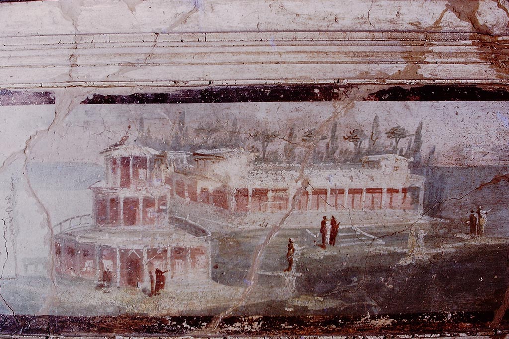 I.4.25 Pompeii. 1975. Middle peristyle 17. Part of landscape from above doorway in eastern end leading to antechamber of room 20.
Now in Naples Archaeological Museum. Inventory number 9496.
Photo by Stanley A. Jashemski.
Source: The Wilhelmina and Stanley A. Jashemski archive in the University of Maryland Library, Special Collections (See collection page) and made available under the Creative Commons Attribution-Non Commercial License v.4. See Licence and use details.
J75f0556