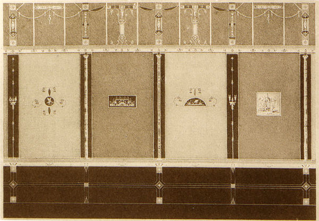 I.4.25 Pompeii. 1882 painting by Mau of upper peristyle 56, north wall, east end. 
See Mau, A. 1882. Geschichte der Decorativen Wandmalerei in Pompeji. Berlin: Reimer, Taf 11.
See Carratelli, G. P., 1990-2003. Pompei: Pitture e Mosaici: Vol. 1.  Roma: Istituto della enciclopedia italiana, p. 164.