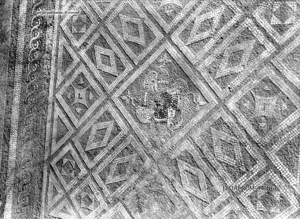 I.6.4 Pompeii. Before 1938. Room 11, mosaic floor part.
DAIR 41.666. Photo © Deutsches Archäologisches Institut, Abteilung Rom, Arkiv. 
See Pernice, E.  1938. Pavimente und Figürliche Mosaiken: Die Hellenistische Kunst in Pompeji, Band VI. Berlin: de Gruyter, Taf. 25,6.
