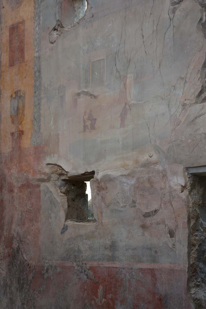 I.6.15 Pompeii. March 2019. 
Room 9, detail of painting of Nile scene with figures and temple from eats wall at north end.  
Foto Annette Haug, ERC Grant 681269 DÉCOR
