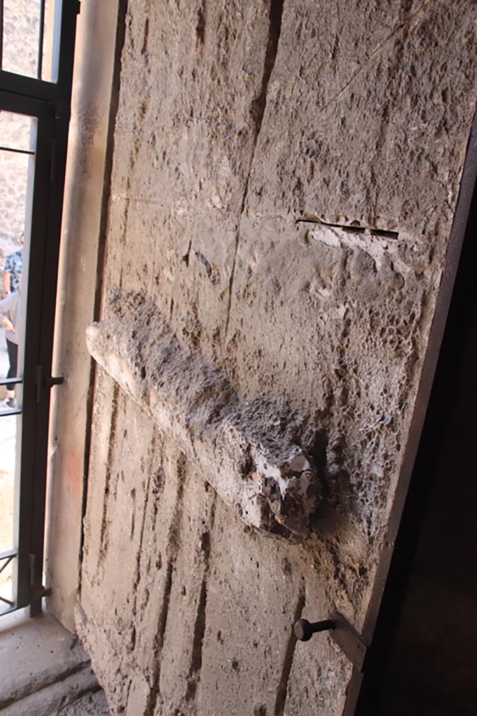 I.6.15 Pompeii. October 2023. 
Plaster-cast of door on west side of entrance doorway. Photo courtesy of Klaus Heese.
