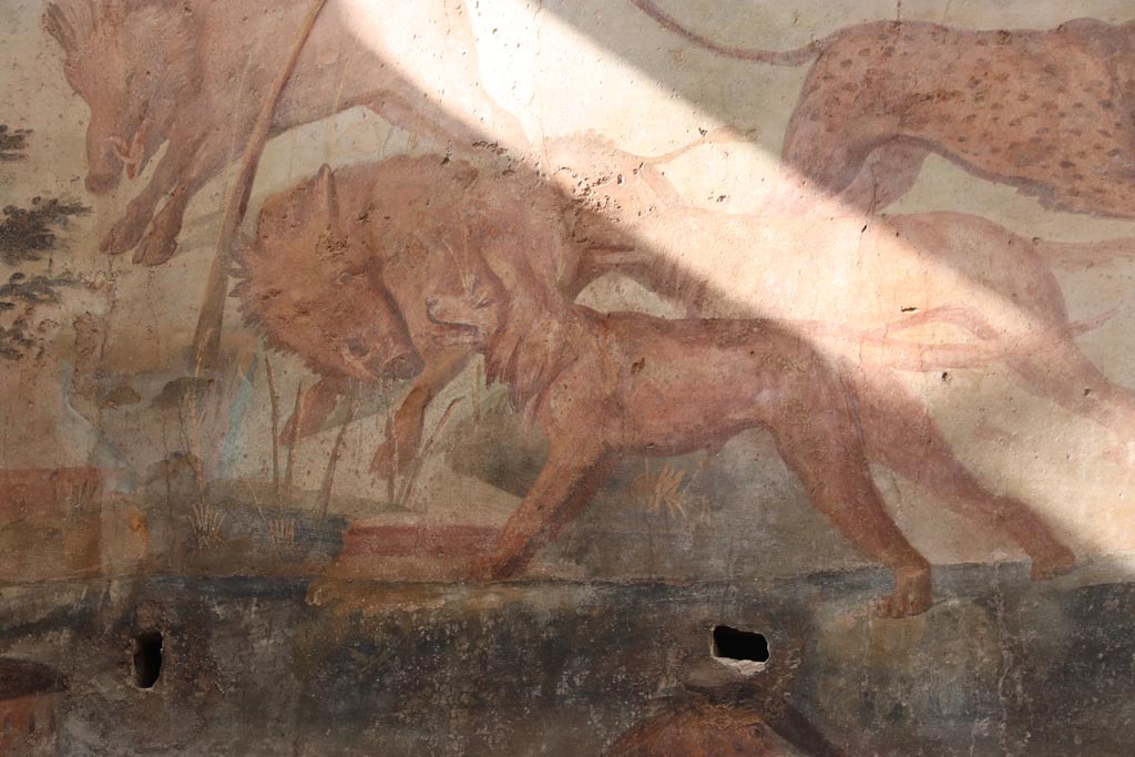 I.6.15 Pompeii. October 2023. Room 9, detail from hunt painting on north wall. Photo courtesy of Klaus Heese.