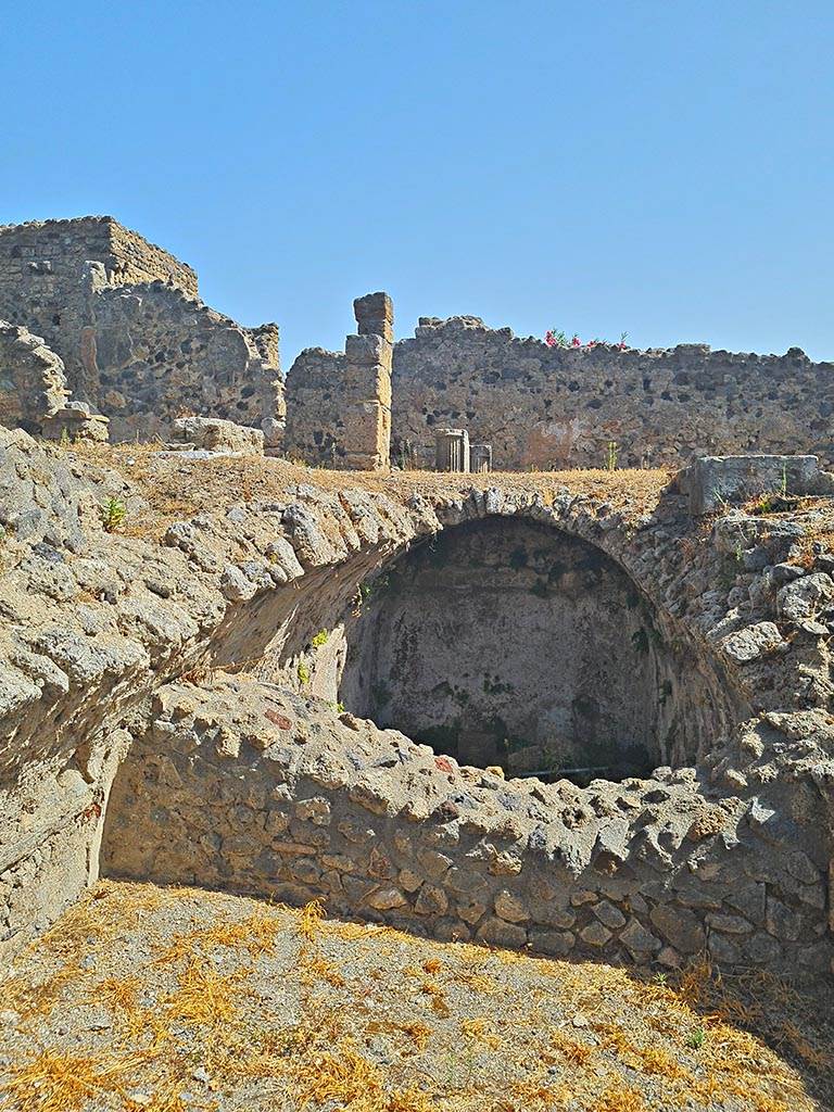 I.8.2/19 Pompeii. September 2024. 
Looking east towards cistern at lower level, with peristyle of I.8.2 above. Photo courtesy of Giuseppe Ciaramella.


