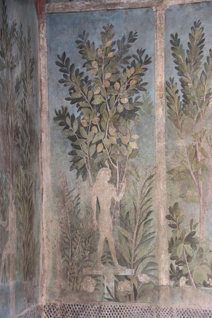 I.9.5 Pompeii. October 2024. 
Room 5, painting of Egyptian pharaonic statue and lemon tree from north end of east wall of cubiculum.
Photo courtesy of Klaus Heese

