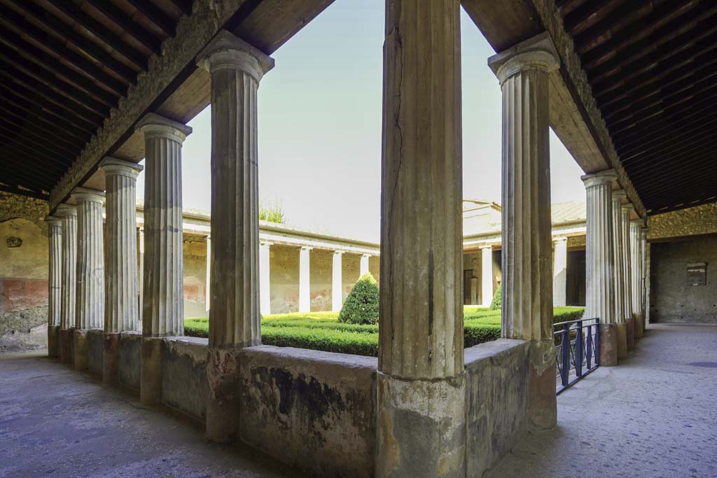 I.10.4 Pompeii. August 2021. 
Looking north-west across peristyle garden from portico in south-east corner and showing some of the painted walls (pluteus). 
Photo courtesy of Robert Hanson.

