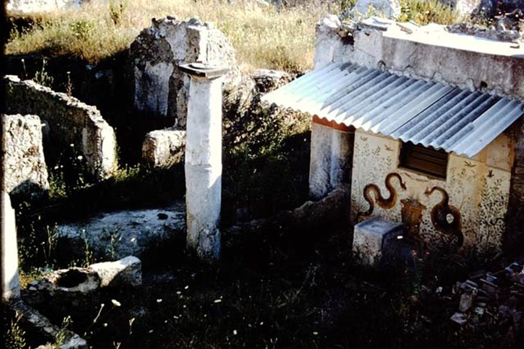 I.11.15 Pompeii. 1959. Room 10, looking south-west across garden area with altar in front of painted lararium. Photo by Stanley A. Jashemski.
Source: The Wilhelmina and Stanley A. Jashemski archive in the University of Maryland Library, Special Collections (See collection page) and made available under the Creative Commons Attribution-Non Commercial License v.4. See Licence and use details.
J59f0328

