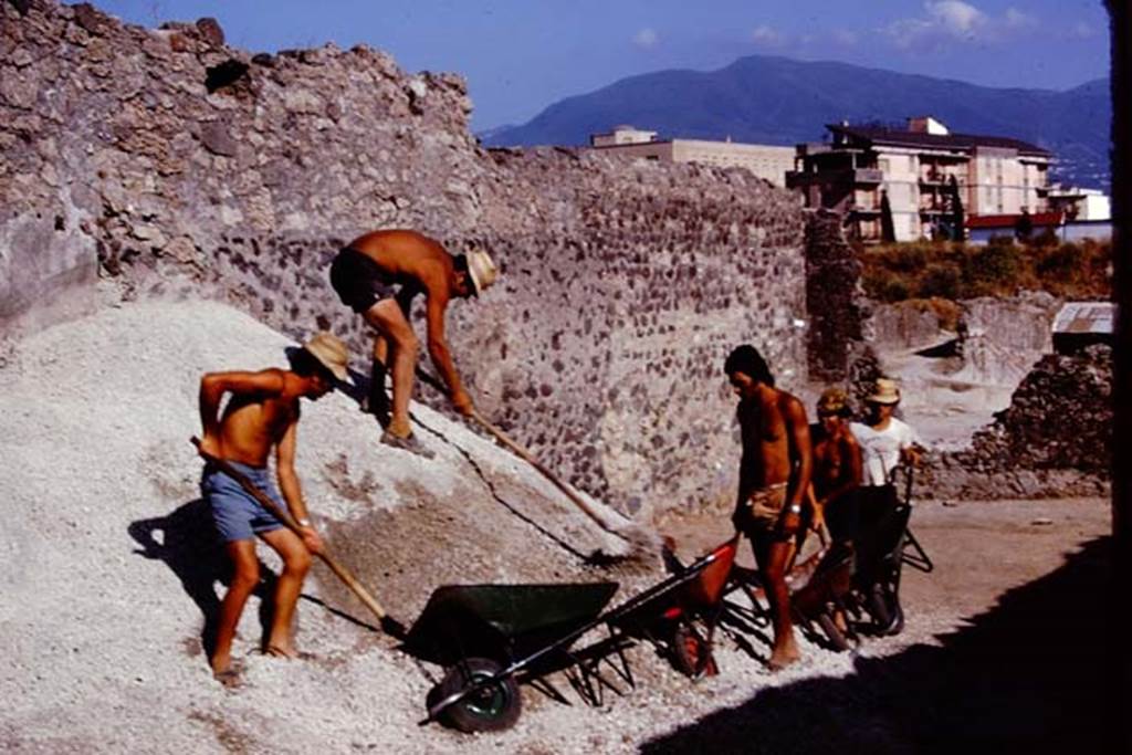 I.21.3 Pompeii. 1974. Clearing the lapilli from near the east wall, looking south. Photo by Stanley A. Jashemski.   
Source: The Wilhelmina and Stanley A. Jashemski archive in the University of Maryland Library, Special Collections (See collection page) and made available under the Creative Commons Attribution-Non Commercial License v.4. See Licence and use details. J74f0290

