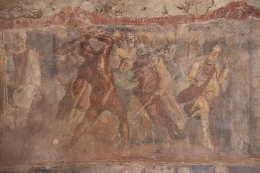 II.2.2 Pompeii. October 2022. 
Triclinium “h”, the larger upper section depicting Heracles and Laomedon, King of Troy, from the centre of the east wall.
Photo courtesy of Klaus Heese
