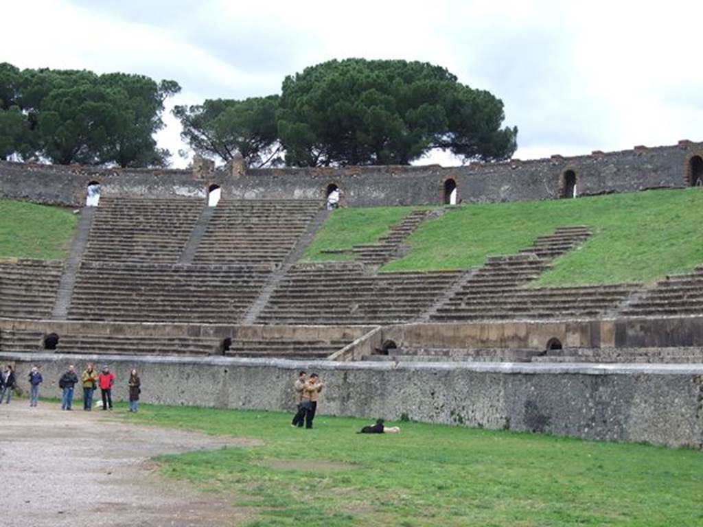 II.6 Pompeii. December 2006. Arena and seating of Amphitheatre, looking north-east.