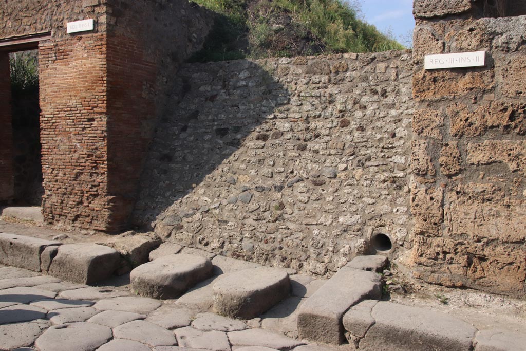 III.1 Pompeii, on left. October 2023.                    Blocked roadway looking north.                               III.2.1, on right.
Photo courtesy of Klaus Heese.
