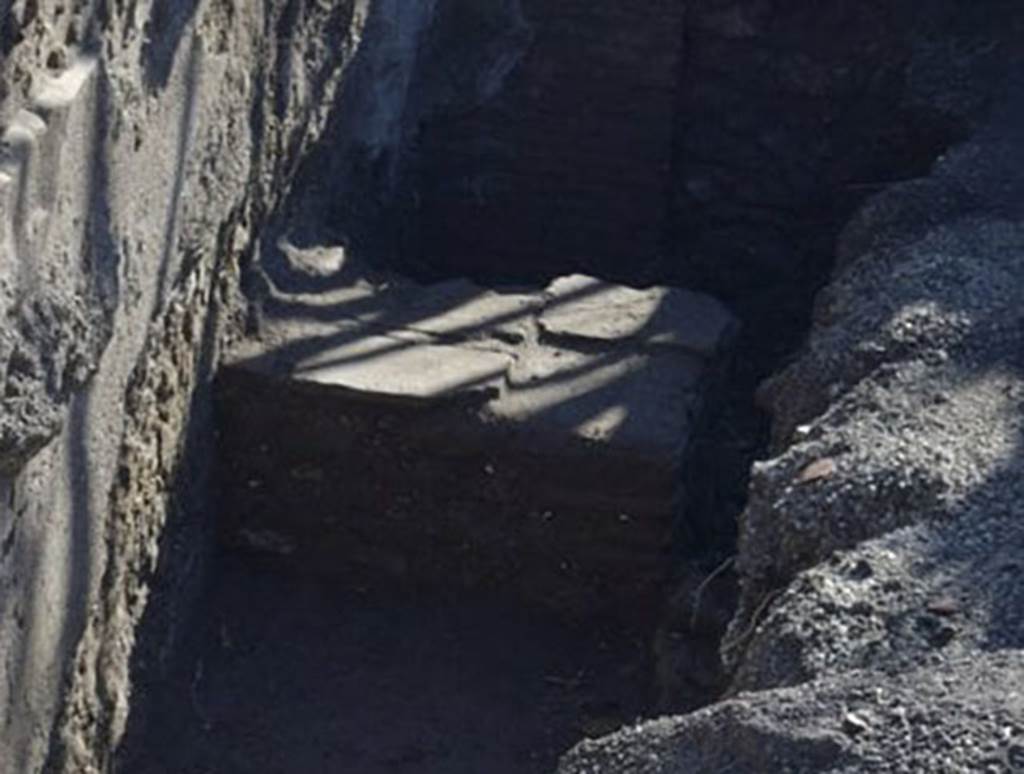 III.3.5 Pompeii. December 2017. Large podium at southern end.
According to Della Corte, in the original excavation, on a large podium in the kitchen abandoned with various household goods in the middle, they found a large shears or scissors and a characteristic iron comb that led him to believe these were the instruments of the mat or garment workers (tegettari).
Found opposite between I.13.4 and 5, was an electoral recommendation
Tegettari (sic) (rogant)    [CIL IV 7473].
This he thought, without doubt, proved that this was not only a shop, but a series of workshops (Tabernae tegetariorum).
See Della Corte, M., 1965.  Case ed Abitanti di Pompei. Napoli: Fausto Fiorentino. (p.350-51)

According to Epigraphik-Datenbank Clauss/Slaby (See www.manfredclauss.de), this read as

Lollium 
aed(ilem)  o(ramus)  v(os)  f(aciatis)  Tegettari(!)      [CIL IV 7473]

All the mat makers (tegettari) together beg of you to make Lollius aedile. (CIL IV: 7473) 
