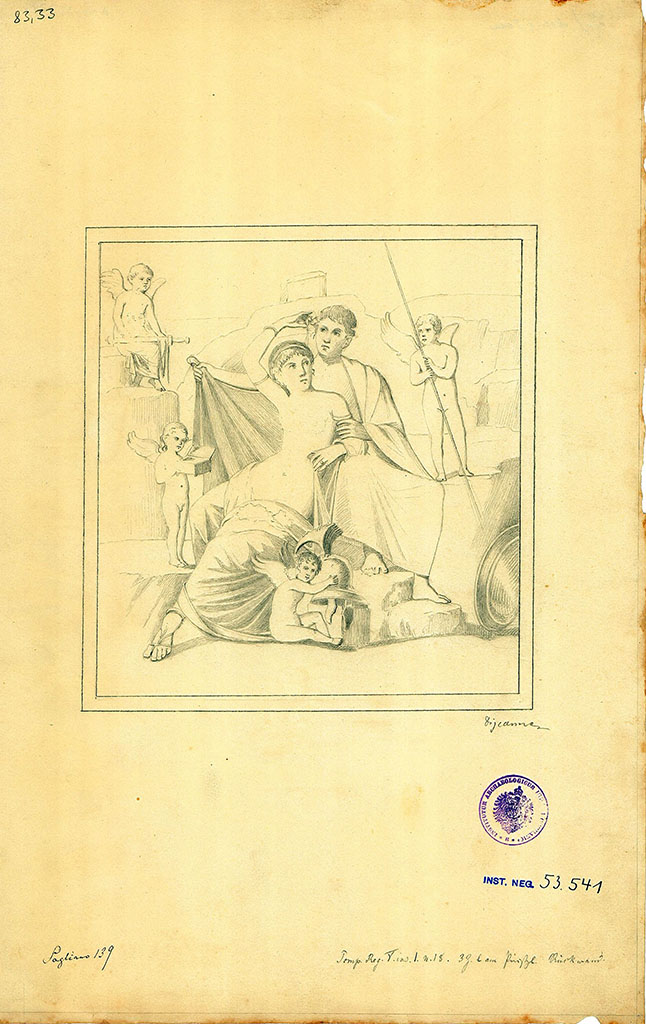 V.1.18 Pompeii. Copy by Discanno of wall painting of Mars and Venus from exedra “o”.
DAIR 83.33. Photo © Deutsches Archäologisches Institut, Abteilung Rom, Arkiv.  
See http://arachne.uni-koeln.de/item/marbilder/5022208
