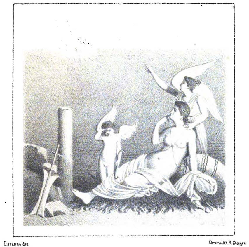 V.1.18 Pompeii. 1882 drawing of wall painting of Ariadne abandoned. Exedra “o”, east wall.
See Presuhn E., 1882. Pompeji: Die Neuesten Ausgrabungen von 1874 bis 1881. Leipzig: Weigel. Abtheilung II, Taf IX.
