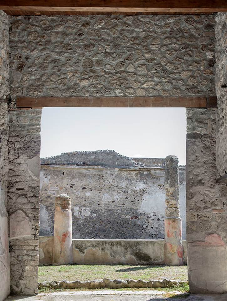 V.1.18 Pompeii. 2013.  
Room “p”, oecus, south wall with doorway to peristyle. Photo by Hans Thorwid.
Photo courtesy of The Swedish Pompeii Project.
