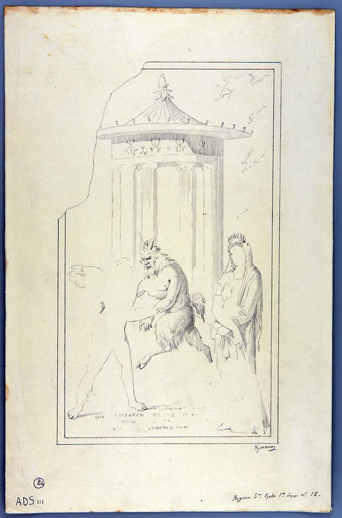 V.1.18 Pompeii. Drawing by Geremia Discanno of The Wrestling Contest between Pan and Eros from west wall of exedra “y”.
Now in Naples Archaeological Museum. Inventory number ADS 111.
Photo © ICCD. http://www.catalogo.beniculturali.it
Utilizzabili alle condizioni della licenza Attribuzione - Non commerciale - Condividi allo stesso modo 2.5 Italia (CC BY-NC-SA 2.5 IT)
See Sogliano, A., 1879. Le pitture murali campane scoverte negli anni 1867-79. Napoli: Giannini. (p.65-6, no.381).
