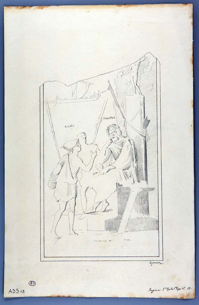 V.1.18 Pompeii. Drawing by Geremia Discanno, from north wall of exedra “y”.
Now in Naples Archaeological Museum. Inventory number ADS 113.
Photo © ICCD. http://www.catalogo.beniculturali.it
Utilizzabili alle condizioni della licenza Attribuzione - Non commerciale - Condividi allo stesso modo 2.5 Italia (CC BY-NC-SA 2.5 IT)
