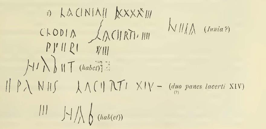 V.3.10 Pompeii. Graffiti from south wall of atrium. See Notizie degli Scavi, 1902, (p.205-6)Following then, below, were a group of words which I transcribe as a whole:
Laciniae LXXXXIII Iulia / Clodia IIII / IIII Lacerti / habet VIII / II Panes Lacerti XIV / Helias   [CIL IV 6716]