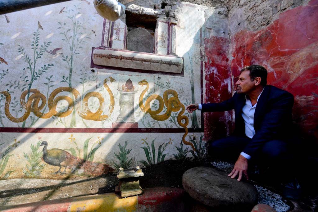 V.3.13 Pompeii. 2018. Room 2a. Lararium. East wall.
Massimo Osanna points to the painted lararium wall, with the wall with the painted animal scene behind him.
Under the painted altar is a small altar found in the small garden.

Parete est. Massimo Osanna indica la parete dipinta del larario con la parete con la scena animale dipinta dietro di lui.
Sotto l'altare dipinto è un piccolo altare trovato nel piccolo giardino.

Foto per gentile concessione di Ciro Fusco / Parco Archeologico di Pompei.

