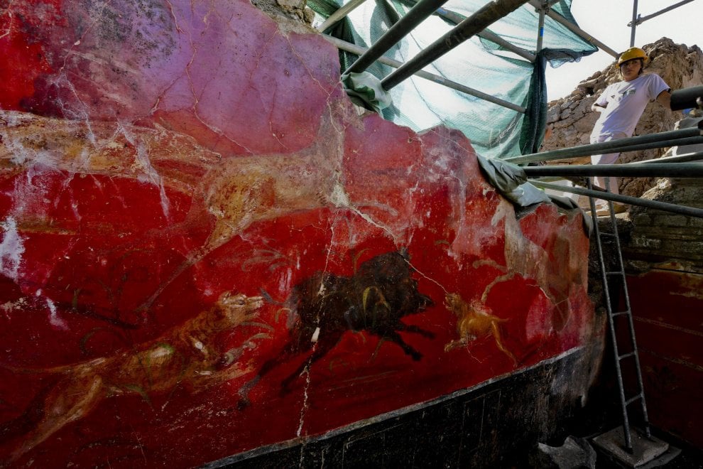 V.3.13 Pompeii. 2018. Room 2a. Lararium. 
On the south wall is a hunting scene on a red background, with various light-coloured animals which surround a black boar, seeming to symbolically allude to the victory of the forces of good over evil.

Sulla parete sud, invece, una scena di caccia su fondo rosso con diversi animali di colore chiaro che circondano un cinghiale nero, sembra alludere simbolicamente alla vittoria delle forze del bene sul male.

Photograph © Parco Archeologico di Pompei.

