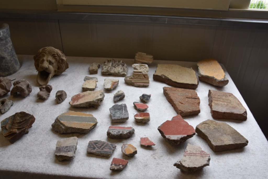 Regio V Pompeii. June 2018. Items found during the 2018 excavations. 
An unexpected aspect of the archaeological investigations carried out so far has been the discovery of a great number of finds, such as antefixes and clay decorations, fragments of frescoes and stuccos, fragments of amphorae and bricks, in the earth from the nineteenth century excavations and twentieth century carried out in the vicinity. 
Probably at the time there had been no interest in the recovery of fragmented or objects that were deemed unable to be reconstructed, which were therefore discarded.

See PAP: new-excavations-in-regio-v

Un aspetto inatteso delle indagini archeologiche finora condotte  stato il rinvenimento di un gran numero di reperti, quali antefisse e decorazioni fittili, frammenti di affreschi e di stucchi, frammenti di anfore e mattoni bollati, nella terra di risulta proveniente dagli scavi ottocenteschi e primo-novecenteschi svolti nelle adiacenze. 
Probabilmente allepoca non cera stato interesse al recupero di oggetti frammentari o non ricostruibili, che venivano pertanto scartati.

Vedi PAP: i-nuovi-scavi-della-regio-v

Photograph  Parco Archeologico di Pompei.
