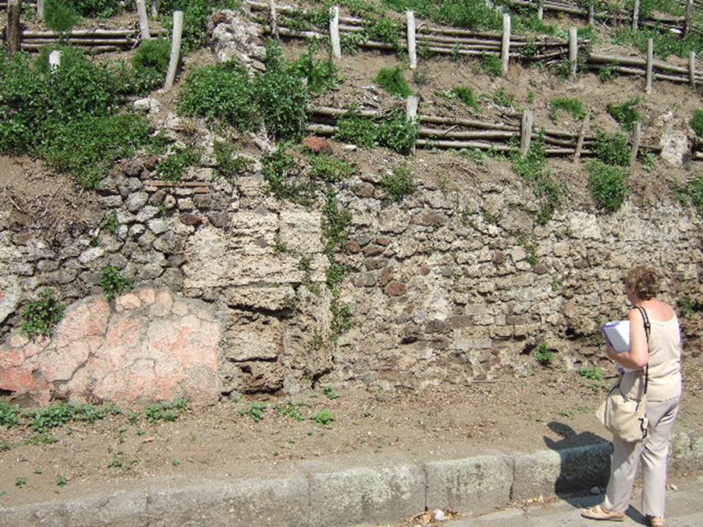 V.6.8 and 7, Pompeii. May 2006. Looking east towards unexcavated north end of façade and remaining painted plaster.

