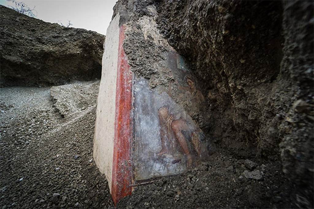 V.6.12 Pompeii. November 2018. Amb. 9. Cubiculum. Painting of Leda and the Swan (Zeus). 
Fresco discovered during the stabilization and reprofiling of the excavation fronts, in a cubiculum (bedroom) of a house along Via del Vesuvio.
The room that preserves the painting is placed next to the entrance corridor where the fresco of the Priapus had already been identified.

Questa volta si tratta del mito di Leda e il cigno rappresentato in un affresco rinvenuto, durante i lavori di stabilizzazione e riprofilamento dei fronti di scavo, in un cubicolo (stanza da letto) di una casa lungo via del Vesuvio. L'ambiente che conserva il dipinto è posto accanto a corridoio di ingresso dove già era stato individuato l'affresco del Priapo.

Photograph © Parco Archeologico di Pompei.
