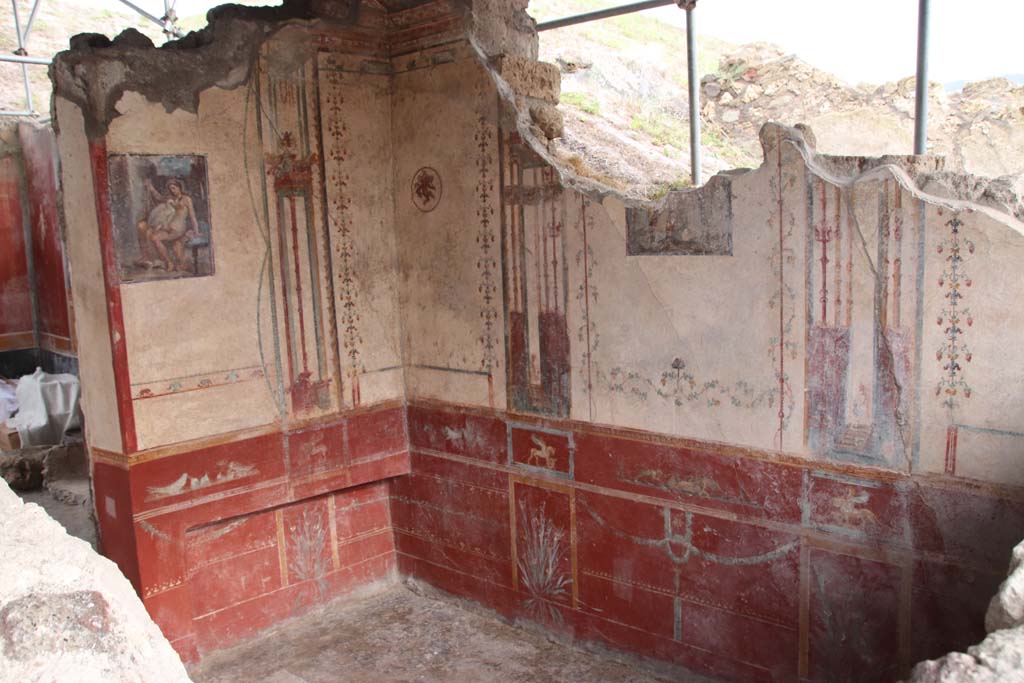 V.6.12 Pompeii. October 2020. Amb. 9. East and south walls of cubiculum, with doorway to atrium, on left. Photo courtesy of Klaus Heese.