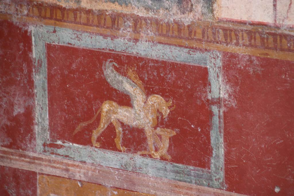 V.6.12 Pompeii. October 2020. Amb. 9. Painted griffin with cornucopia in zoccolo/dado at east end of south wall. Photo courtesy of Klaus Heese 